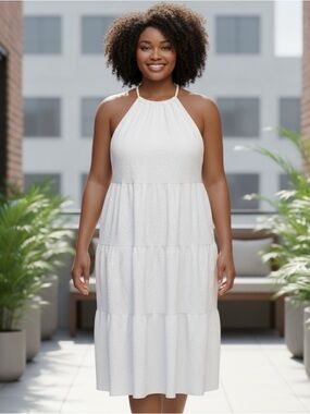 A New Day Women’s White Tiered Halter Dress Textured & Flowy Size Medium